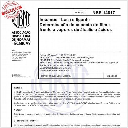 Insumos - Laca e ligante - Determinação do aspecto do filme frente a vapores de álcalis e ácidos