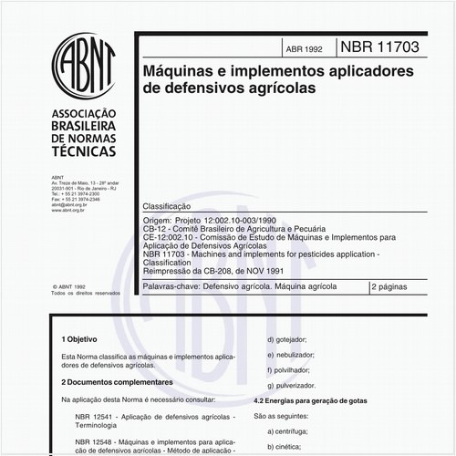 Máquinas e implementos aplicadores de defensivos agrícolas - Classificação