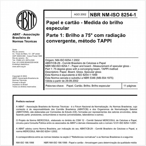 Papel e cartão - Medida do brilho especular - Parte 1: Brilho a 75° com radiação convergente, método TAPPI