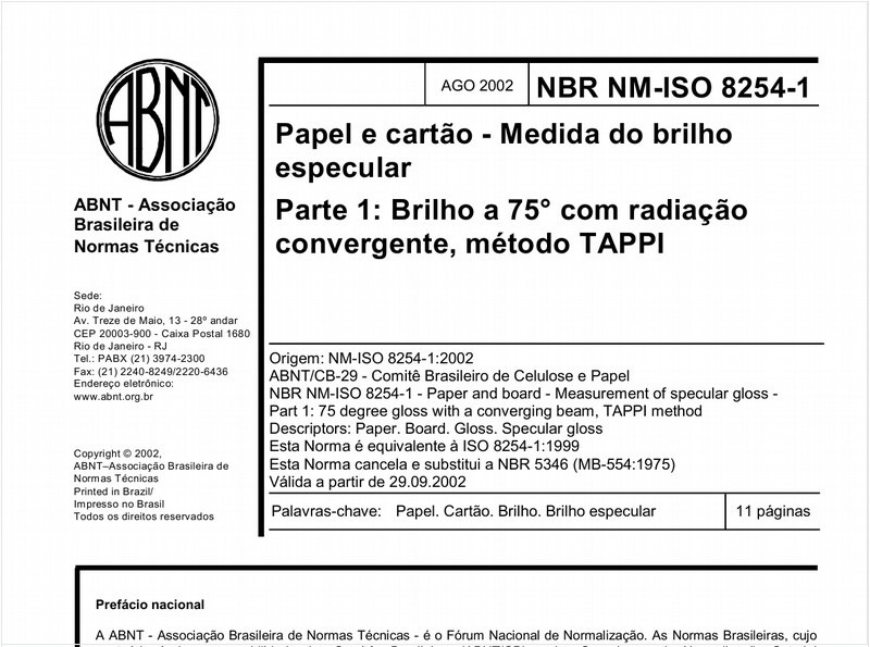 Papel e cartão - Medida do brilho especular - Parte 1: Brilho a 75° com radiação convergente, método TAPPI
