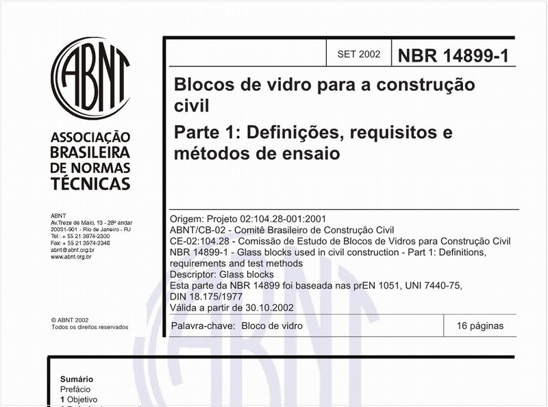 Blocos de vidro para a construção civil - Parte 1: Definições, requisitos e métodos de ensaio