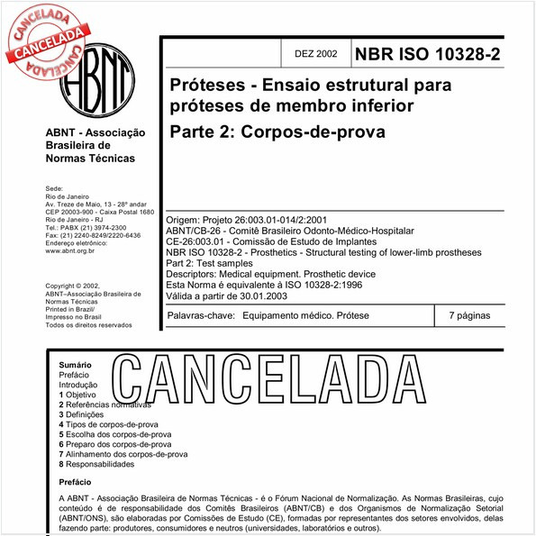 Próteses - Ensaio estrutural para próteses de membro inferior - Parte 2: Corpos-de-prova