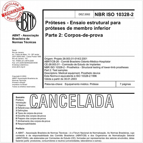 Próteses - Ensaio estrutural para próteses de membro inferior - Parte 2: Corpos-de-prova