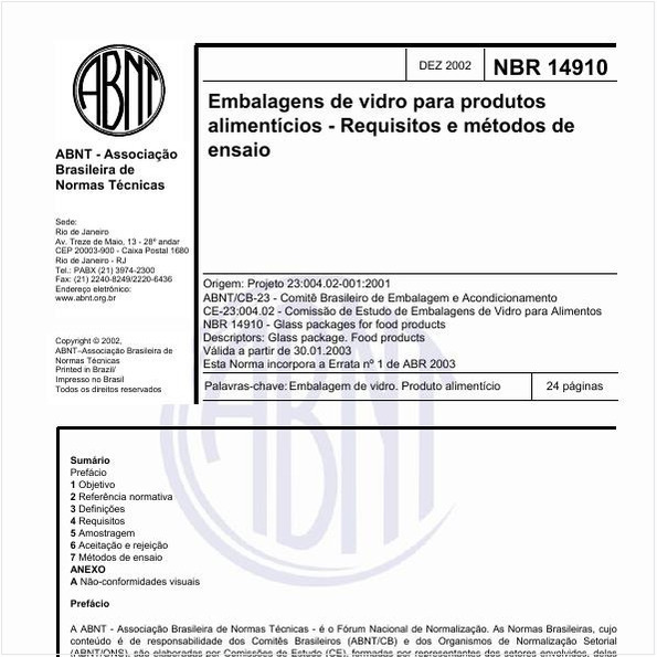 Embalagens de vidro para produtos alimentícios - Requisitos e métodos de ensaio