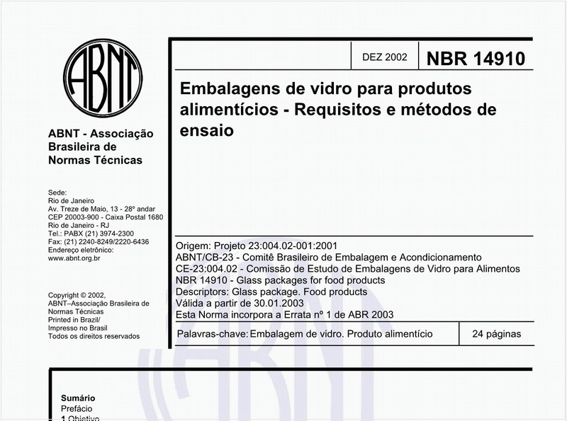 Embalagens de vidro para produtos alimentícios - Requisitos e métodos de ensaio