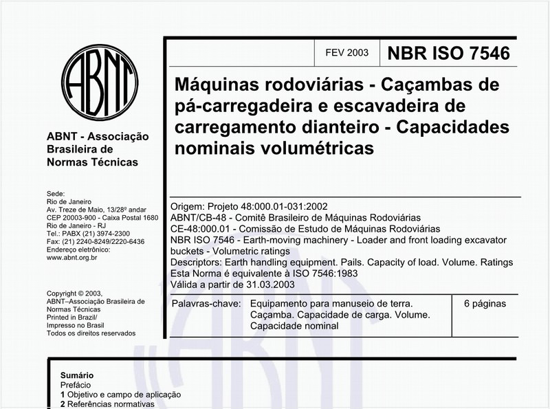 Máquinas rodoviárias - Caçambas de pá-carregadeira e escavadeira de carregamento dianteiro - Capacidades nominais volumétricas
