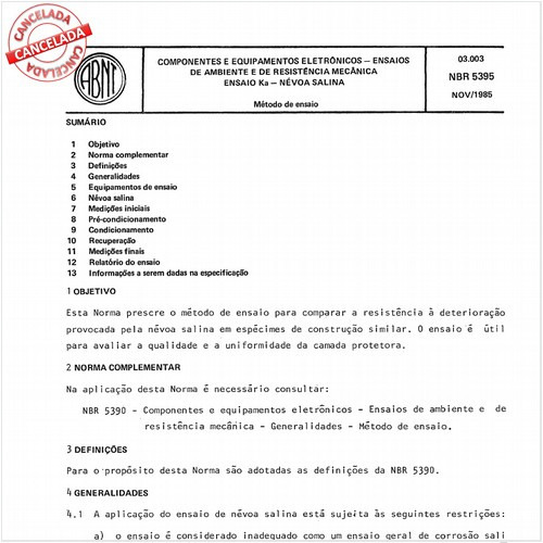 Componentes e equipamentos eletrônicos - Ensaios de ambiente e de resistência mecânica - Ensaio Ka - Névoa salina