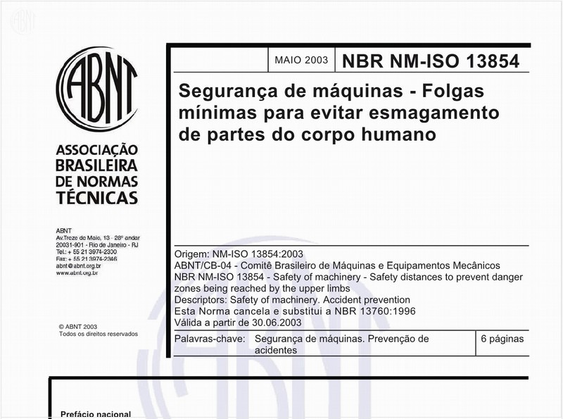 Segurança de máquinas - Folgas mínimas para evitar esmagamento de partes do corpo humano