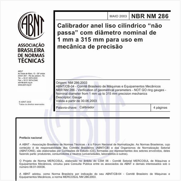Calibrador anel liso cilíndrico "não passa" com diâmetro nominal de 1 mm a 315 mm para uso em mecânica de precisão