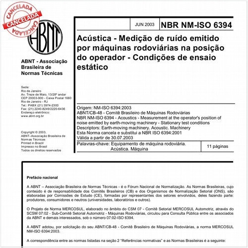 Acústica - Medição de ruído emitido por máquinas rodoviárias na posição do operador - Condições de ensaio estático