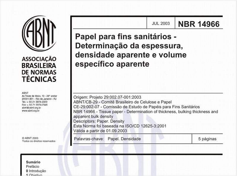 Papel para fins sanitários - Determinação da espessura, densidade aparente e volume específico aparente