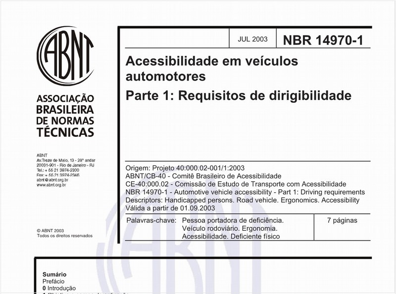 Acessibilidade em veículos automotores - Parte 1: Requisitos de dirigibilidade