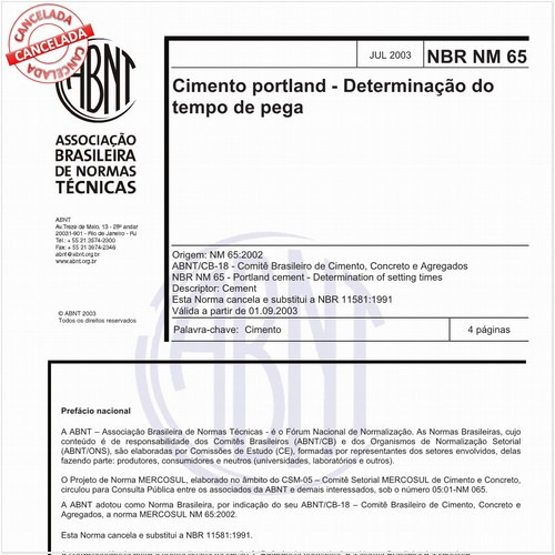 Cimento portland - Determinação do tempo de pega