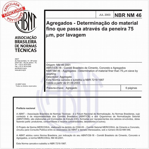 Agregados - Determinação do material fino que passa através da peneira 75 micrometro, por lavagem