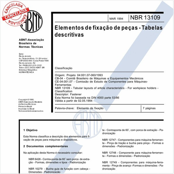 Elementos de fixação de peças - Tabelas descritivas