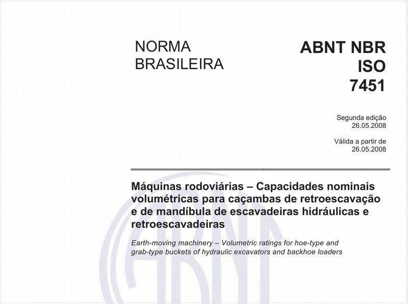 Máquinas rodoviárias - Capacidades nominais volumétricas para caçambas de retroescavação e de mandíbula de escavadeiras hidráulicas e retroescavadeiras