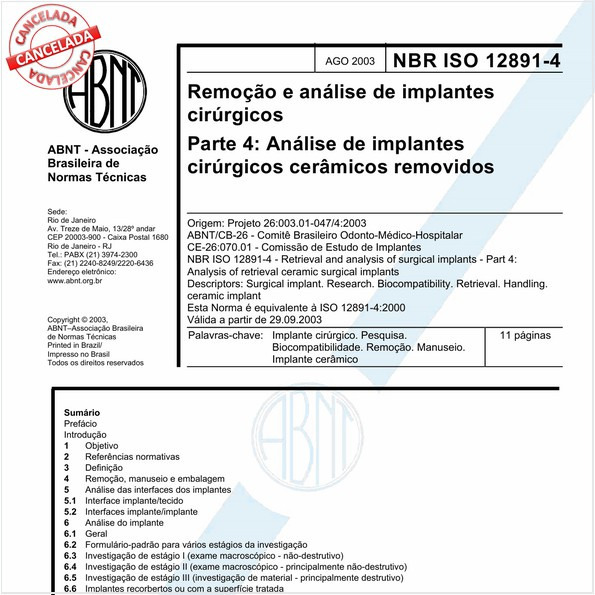 Remoção e análise de implantes cirúrgicos - Parte 4: Análise de implantes cirúrgicos cerâmicos removidos
