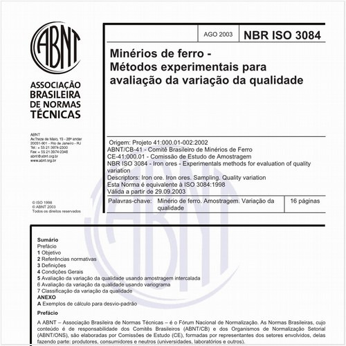 Minérios de ferro - Métodos experimentais para avaliação da variação da qualidade