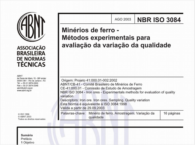 Minérios de ferro - Métodos experimentais para avaliação da variação da qualidade
