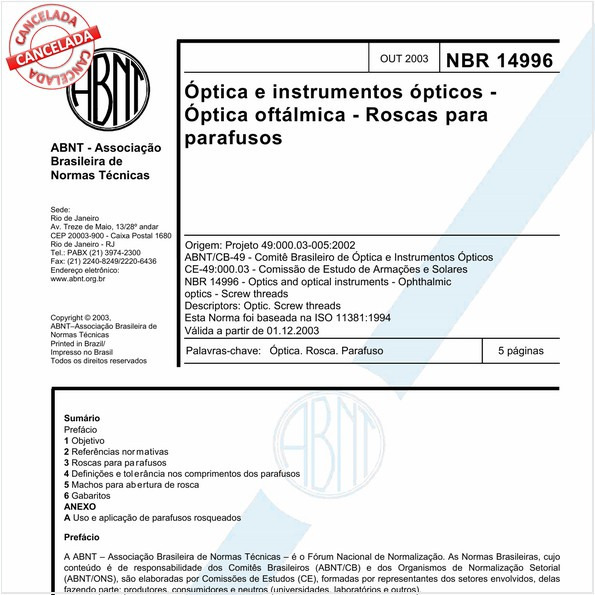 Óptica e instrumentos ópticos - Óptica oftálmica - Roscas para parafusos 