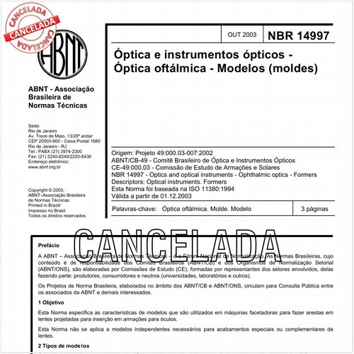 Óptica e instrumentos ópticos - Óptica oftálmica - Modelos (moldes)
