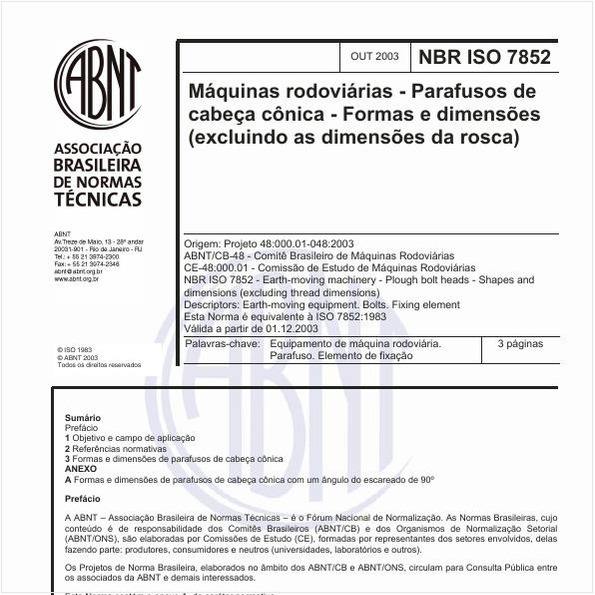 Máquinas rodoviárias - Parafusos de cabeça cônica - Formas e dimensões (excluindo as dimensões da rosca)