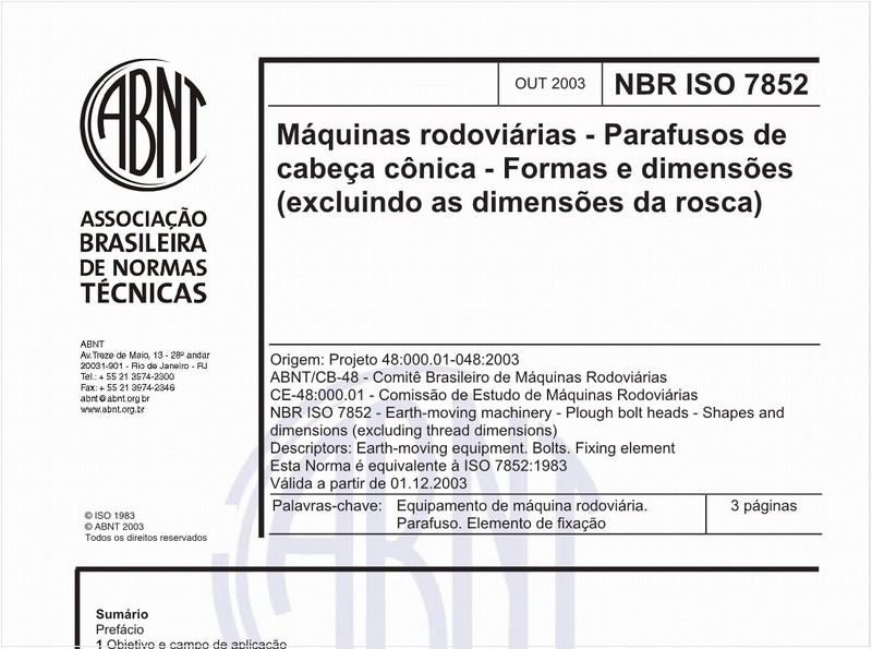 Máquinas rodoviárias - Parafusos de cabeça cônica - Formas e dimensões (excluindo as dimensões da rosca)