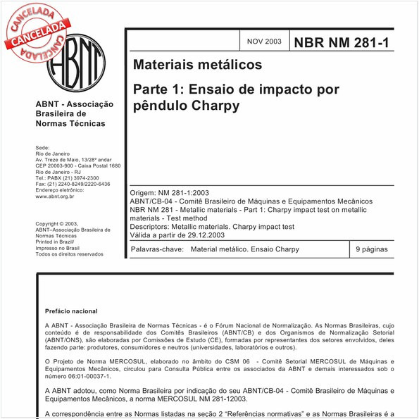 Materiais metálicos - Parte 1: Ensaio de impacto por pêndulo Charpy