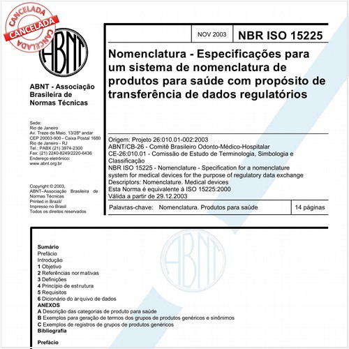 Nomenclatura - Especificações para um sistema de nomenclatura de produtos para saúde com propósito de transferência de dados regulatórios