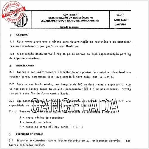 Conteiner - Determinação da resistência ao levantamento por garfo de empilhadeira