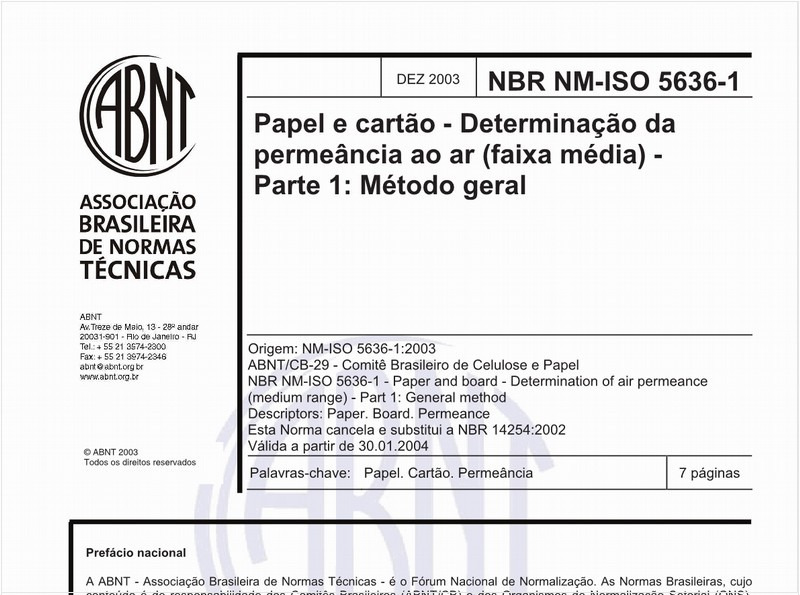 Papel e cartão - Determinação da permeância ao ar (faixa média) - Parte 1: Método geral