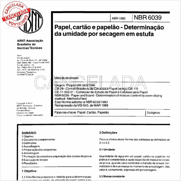 Papel, cartão e papelão - Determinação da umidade por secagem em estufa