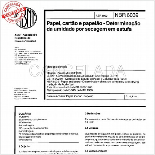 Papel, cartão e papelão - Determinação da umidade por secagem em estufa