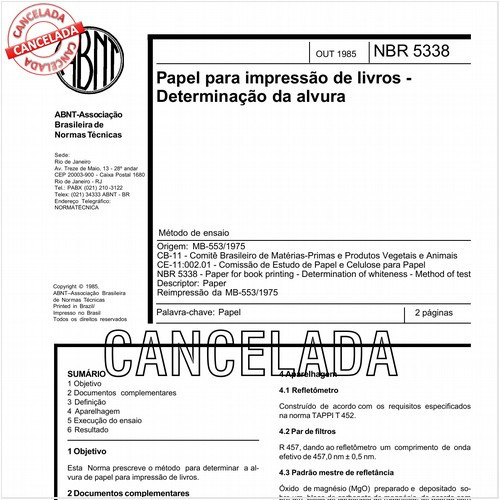 Papel para impressão de livros - Determinação da alvura