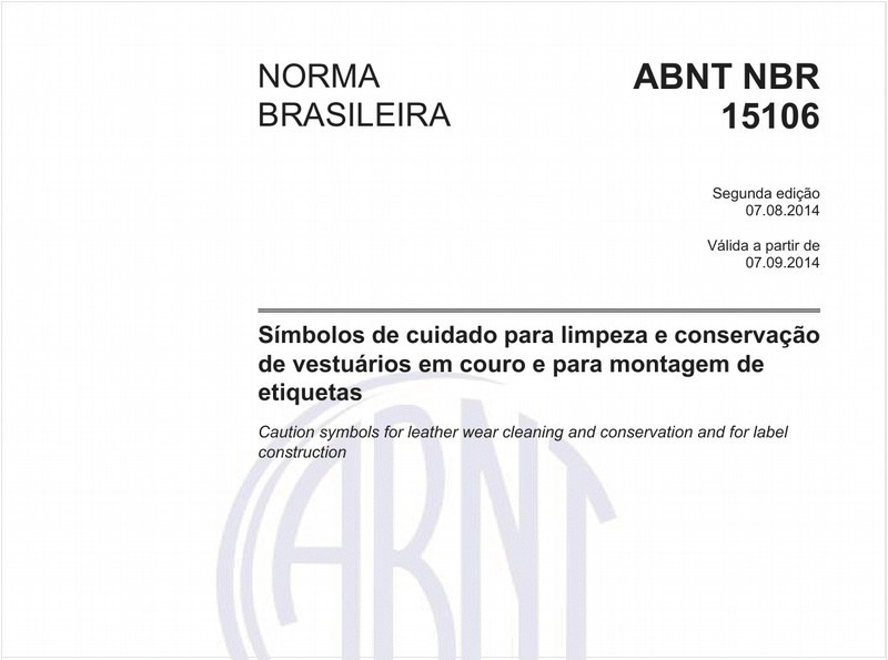 Símbolos de cuidado para limpeza e conservação de vestuários em couro e para montagem de etiquetas