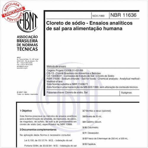 Cloreto de sódio - Ensaios analíticos de sal para alimentação humana