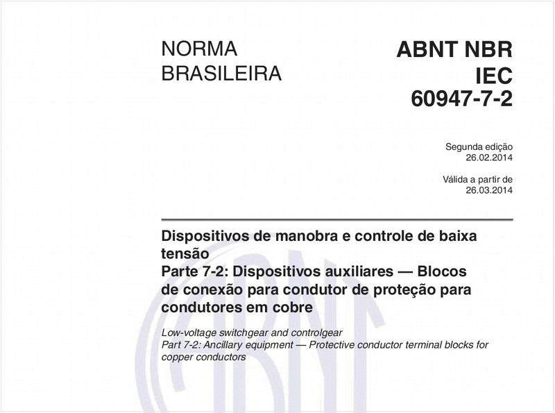 Dispositivos de manobra e controle de baixa tensão - Parte 7-2: Dispositivos auxiliares — Blocos de conexão para condutor de proteção para condutores em cobre