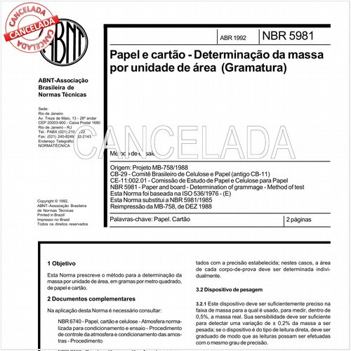 Papel e cartão - Determinação da massa por unidade de área (Gramatura)