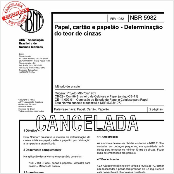 Papel, cartão e papelão - Determinação do teor de cinzas