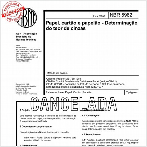 Papel, cartão e papelão - Determinação do teor de cinzas