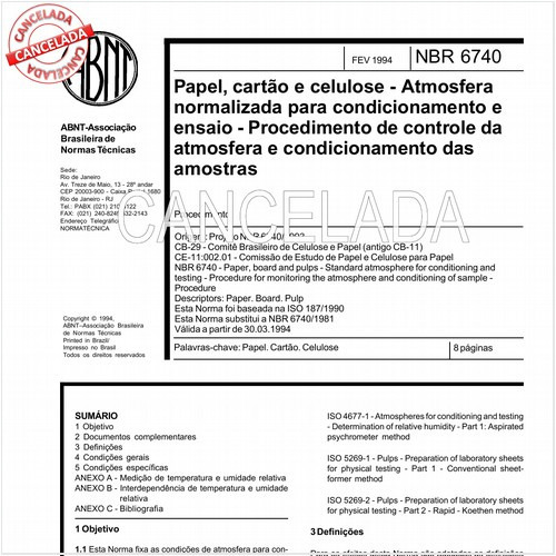 Papel, cartão e celulose - Atmosfera normalizada para condicionamento e ensaio - Procedimento de controle da atmosfera e condicionamento das amostras