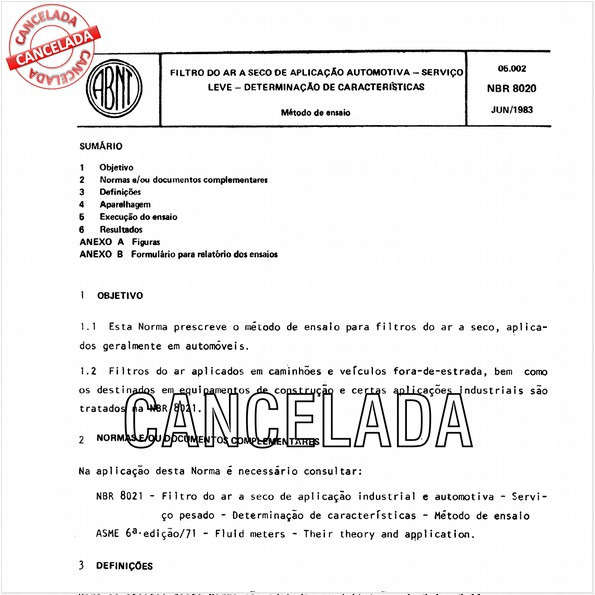Filtro do ar a seco de aplicação automotiva - Serviço leve - Determinação de características