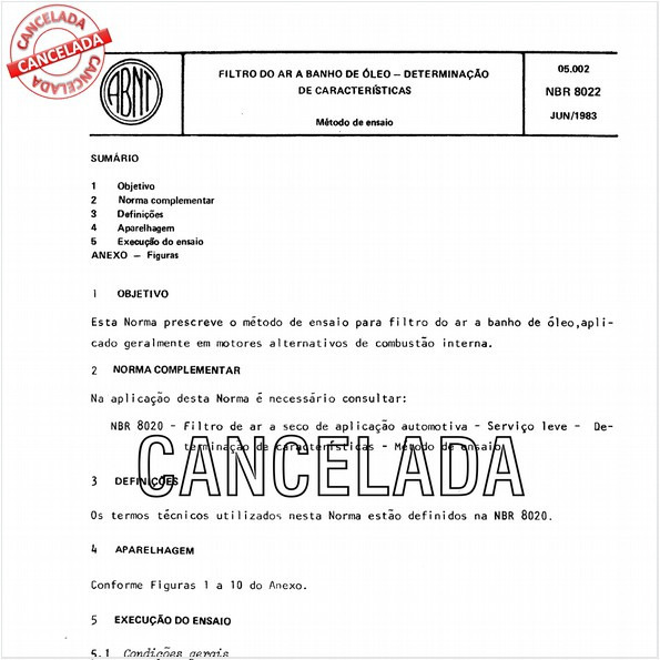 Filtro do ar a banho de óleo - Determinação de características