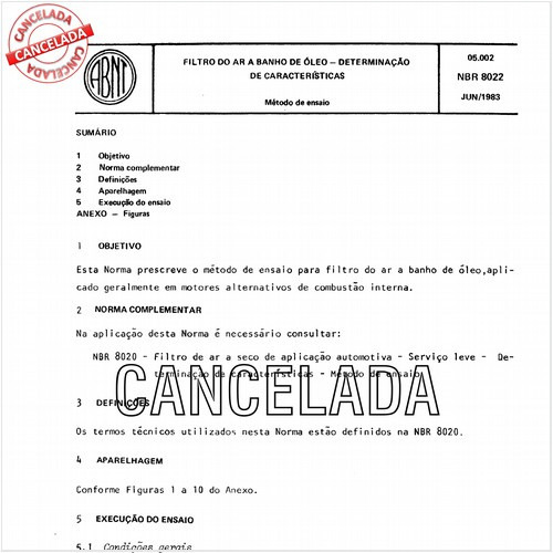 Filtro do ar a banho de óleo - Determinação de características