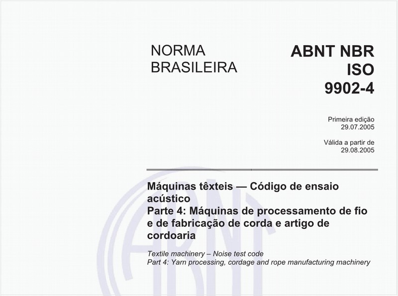 Máquinas têxteis - Códigos de ensaio acústico - Parte 4: Máquinas de processamento de fio e de fabricação de corda e artigo de codoaria
