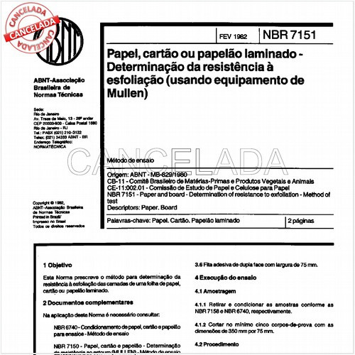 Papel, cartão ou papelão laminado - Determinação da resistência à esfoliação (usando equipamento de Mullen)