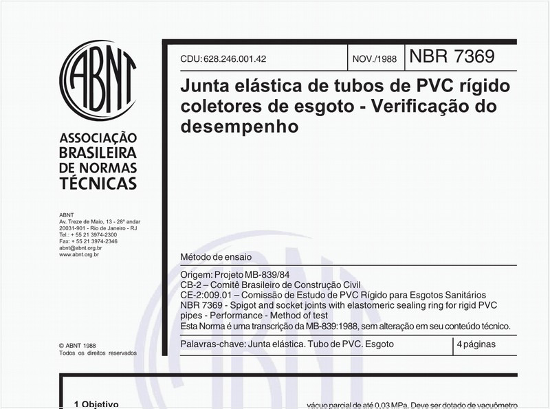 Junta elástica de tubos de PVC rígido coletores de esgoto - Verificação do desempenho