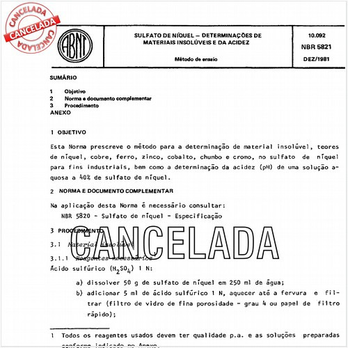 Sulfato de níquel - Determinações de materiais insolúveis e da acidez