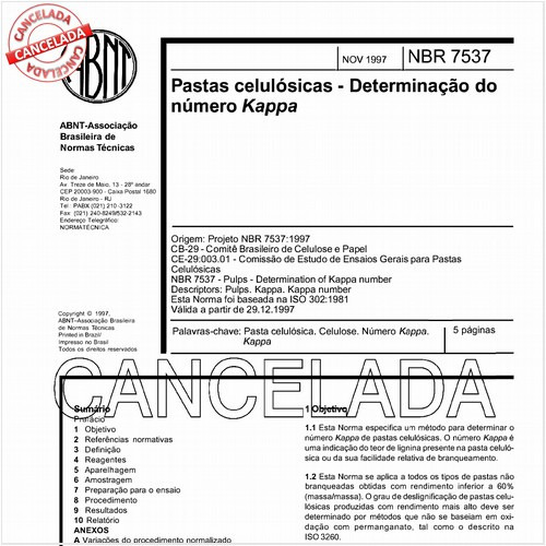 Pastas celulósicas - Determinação do número Kappa 