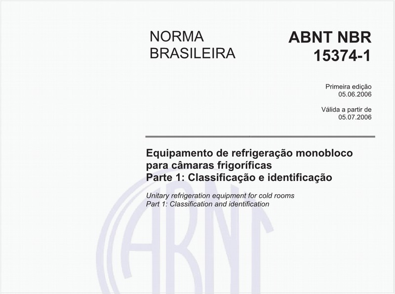 Equipamento de refrigeração monobloco para câmaras frigoríficas - Parte 1: Classificação e identificação